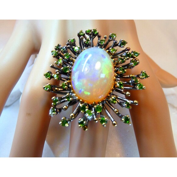 Stunning Huge 13 CT Natural Ethiopian Opal Chrome Diopside Sterling Silver Ring - Picture 9 of 9